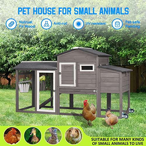 Petscosset 71" Chicken Coop Backyard Hen House Wooden Tractor Poultry House For Indoor Outdoor, With Chicken Nesting Box, Wheels, Waterproof Roof, Pull Out Tray #TOP5