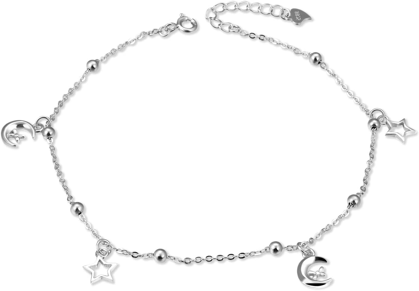 Women Anklet 925 Sterling Silver Moon & Stars Ball 24cm/10" Adjustable Anklet,Summer Beach Foot Jewelry For Girls - Nickel Free