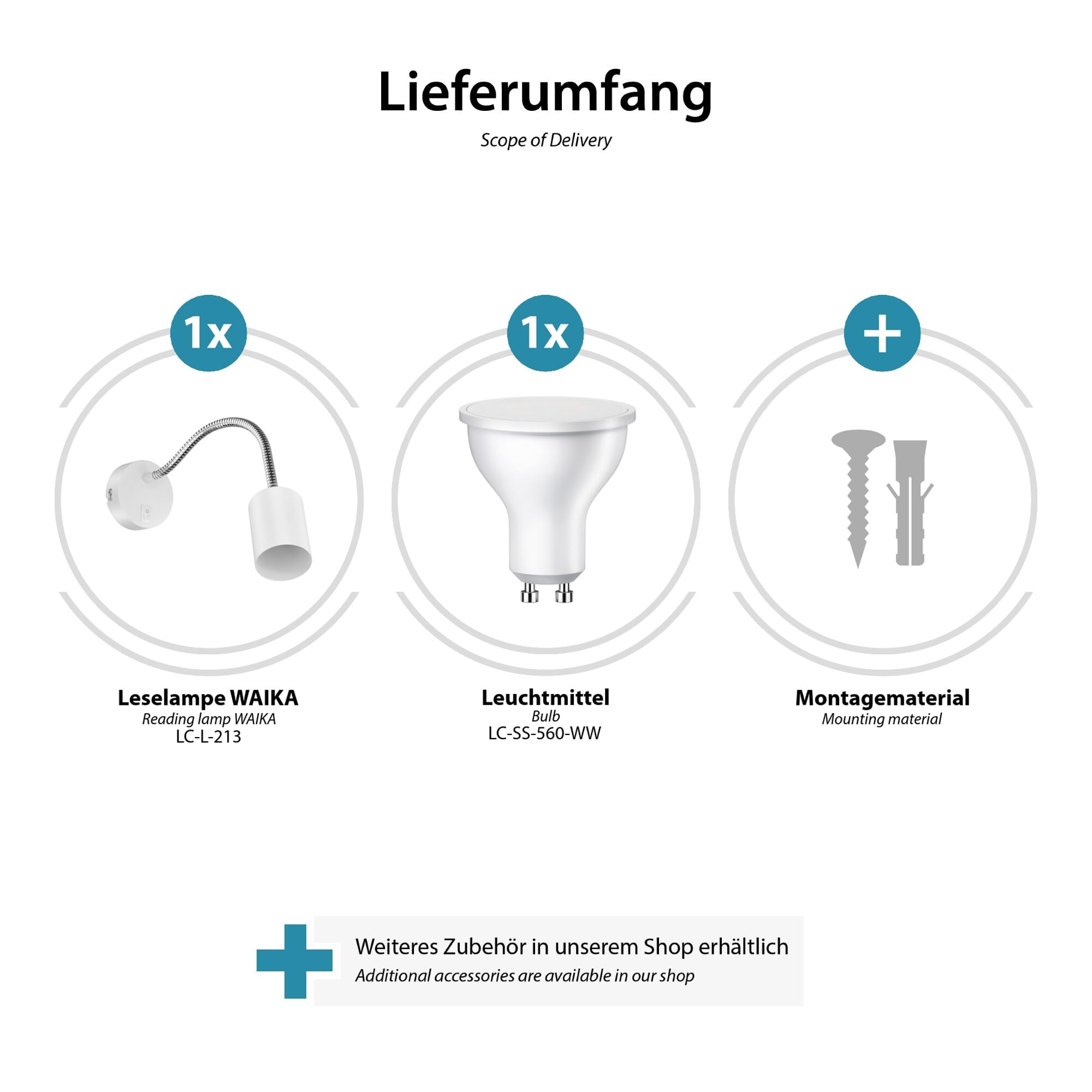 ledscom.de 2x Leselampe WAIKA mit Schwanenhals und Schalter weiß matt, inkl. 630lm LED GU10 Lampe, warm-weiß