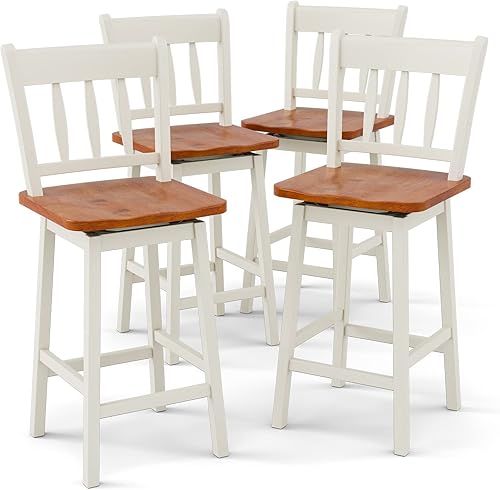 COSTWAY Juego de 4 taburetes de bar de 24.5 pulgadas, sillas de bar de madera de goma con giro de 360°, reposapiés, taburetes de bar giratorios de