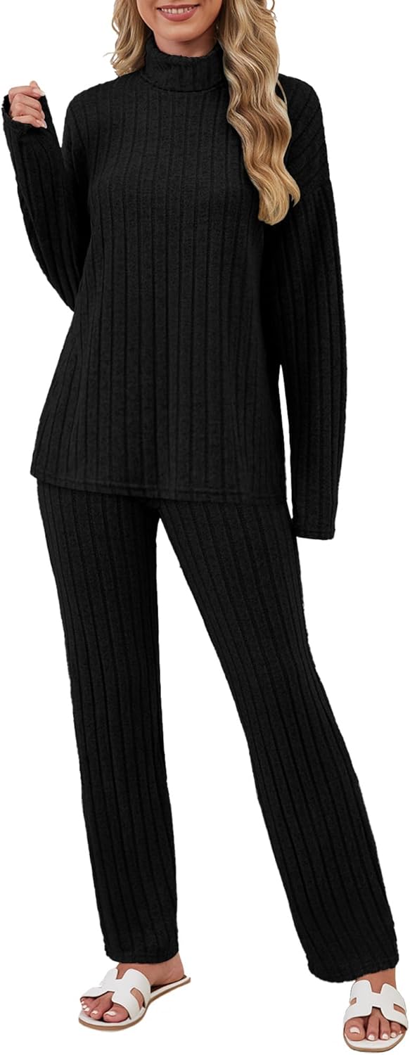 Women 2 Piece Lounge Set Long Sleeve Pajama Set Casual High Neck Loungewear Ribbed Knit Winter Warm Matching Outfit