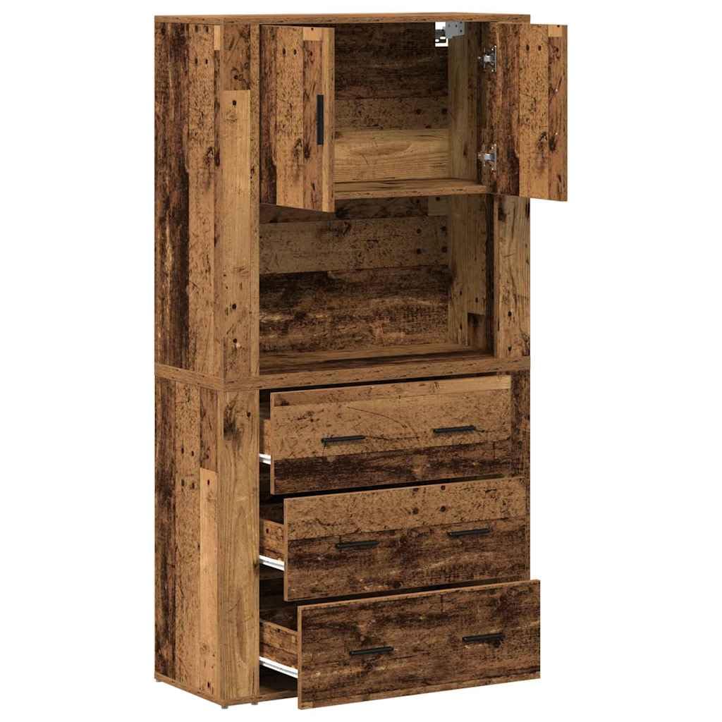 Meuble haut avec tiroirs et portes en bois vieilli - 80 x 33 x 150 cm - Buffet moderne pour salon, salle à manger, bureau - Avec espace de rangement et étagère