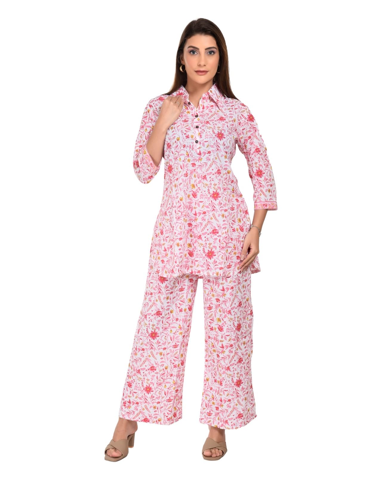 Women's Pink Floral Co-ord Set, Pure Cotton Shirt and Palazzo, Ethnic Lounge Wear for Summer-image-31