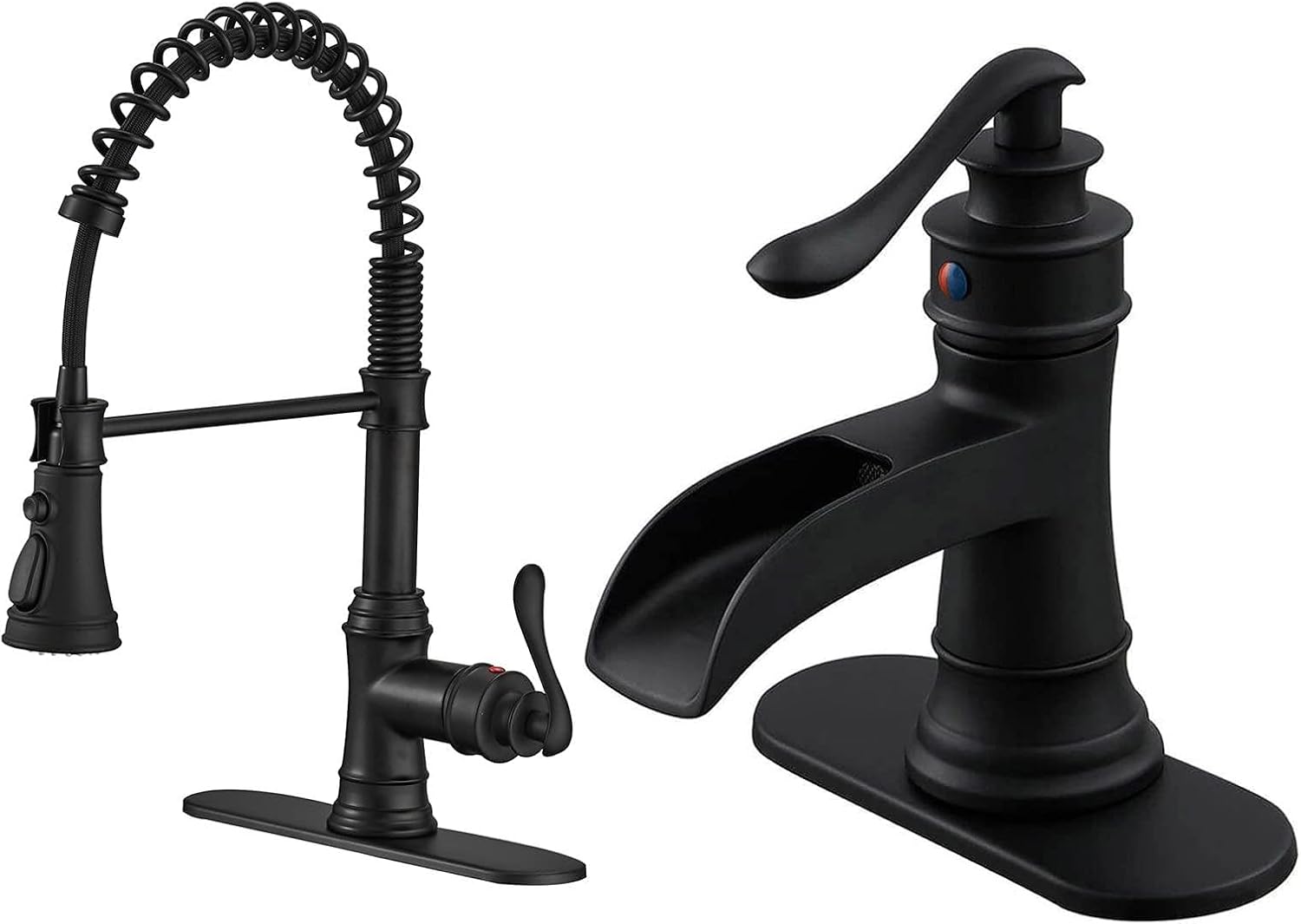 Black Kitchen Faucet with Pull Out Sprayer 3 Spray Modes Single Handle High Arc Bundle Waterfall Bathroom Faucet Matte Black Single Handle