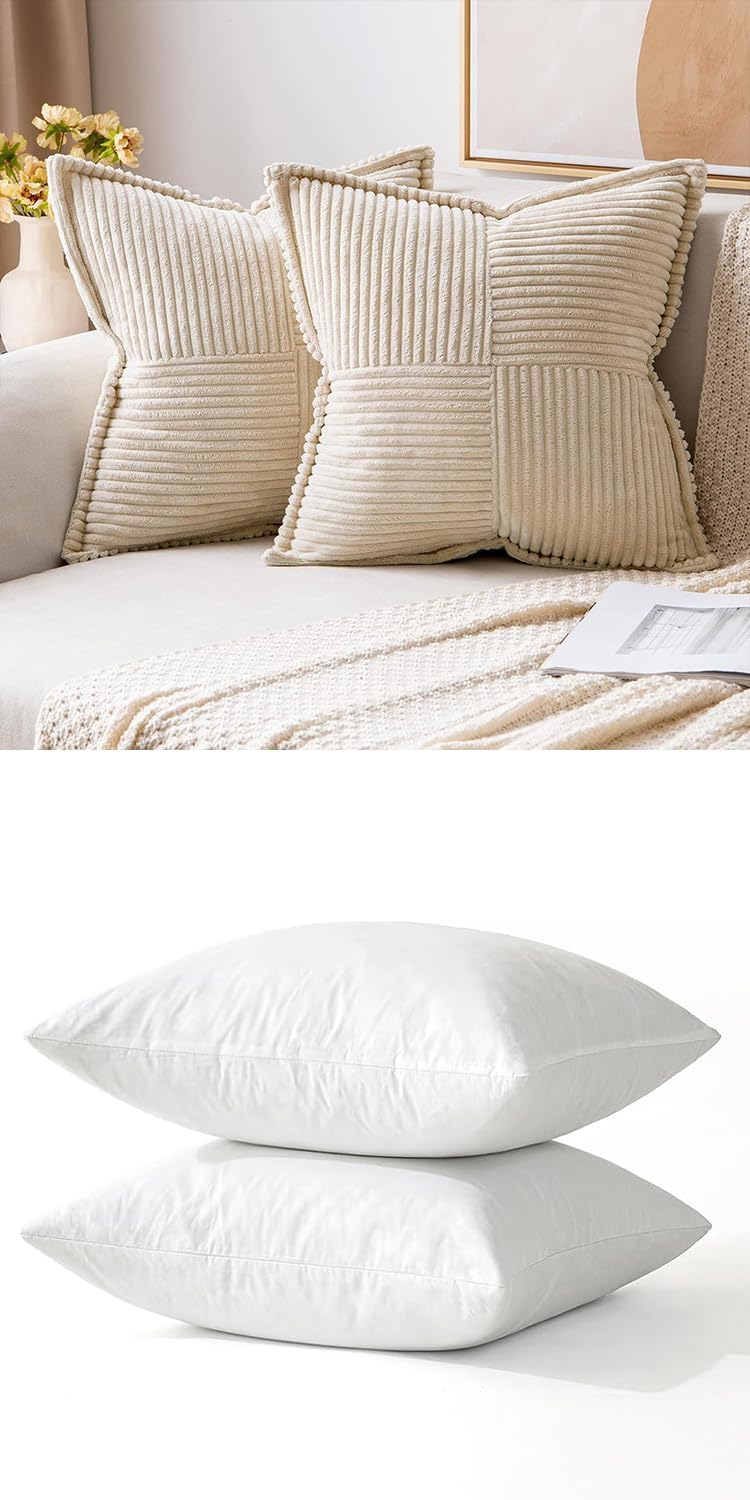 MIULEE Corduroy Pillow Covers with Splicing Set of 2 Boho Striped Decorative 18x18 Beige, 18x18 Pillow Inserts Pack of 2 Down Alternative Decorative Feather Throw Pillow Inserts