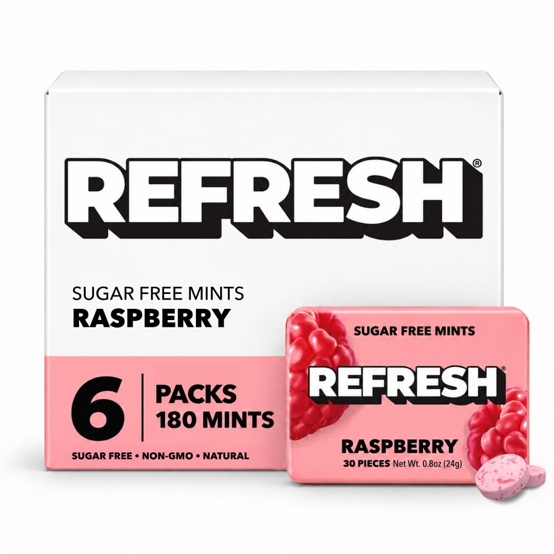 Refresh Xylitol Mints Raspberry, Natural Sugar-Free Breath Mints, 6 Pack | Non-GMO, Vegan, Gluten Free, Aspartame Free, Stevia Sweetened, Natural Flavors