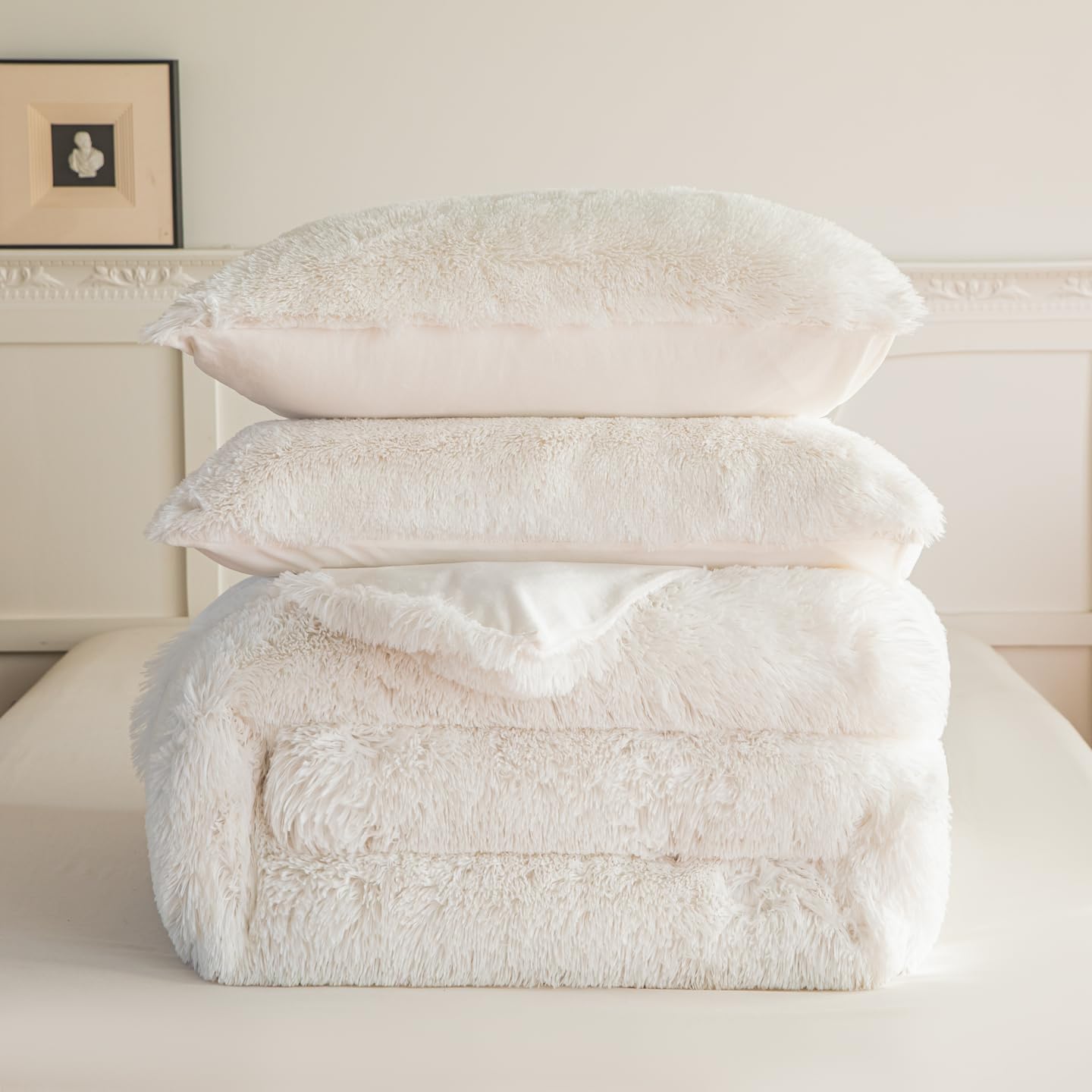 chovy Faux Fur Plush White Comforter Sets King - Ultra Soft Shaggy Flannel Velvet Fluffy Fuzzy 3PC Bedding Set （Comforter x 1 Pillowcases x 2） - Image 9
