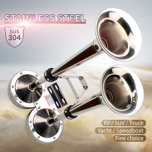 Miniatura 6 de FARBIN Bocinas de barco marino de 24 V, trompeta doble de acero inoxidable, bocina eléctrica con soporte de montaje, para lanchas de carga de 24 V,