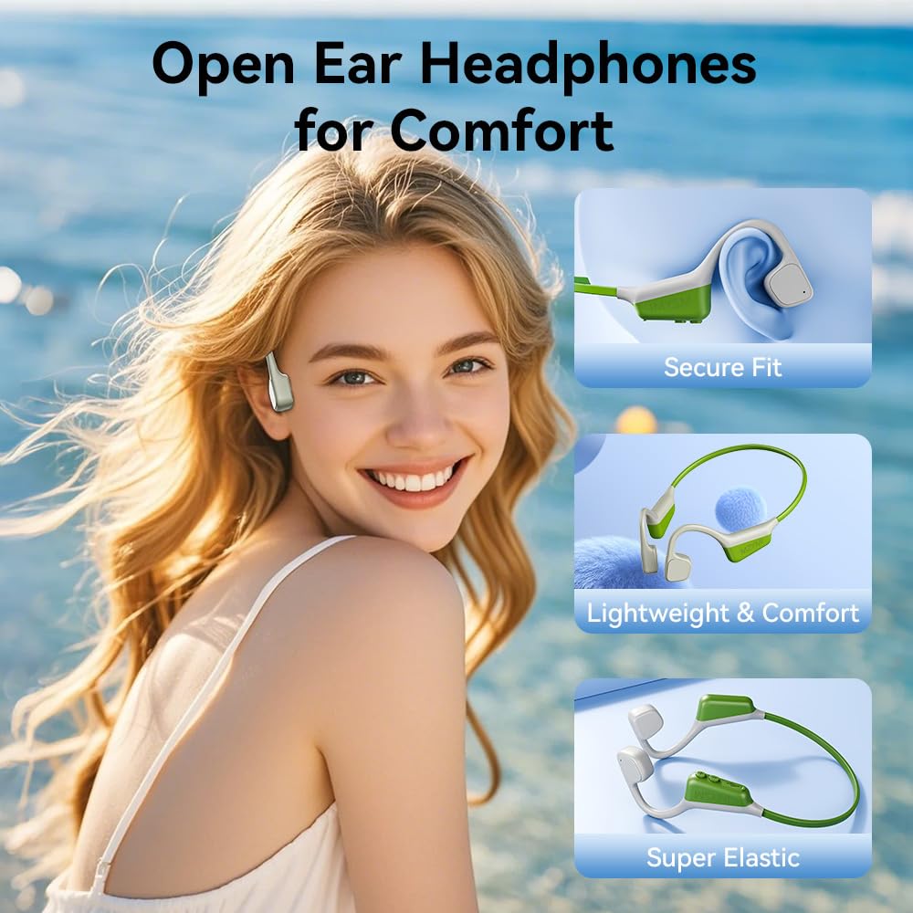 Cuffie wireless i18PRO a conduzione ossea senza fili, auricolari aperti, indolore, impermeabili, Bluetooth5.4, cuffie HiFi per sport, corsa, palestra, escursionismo, ciclismo (verde)