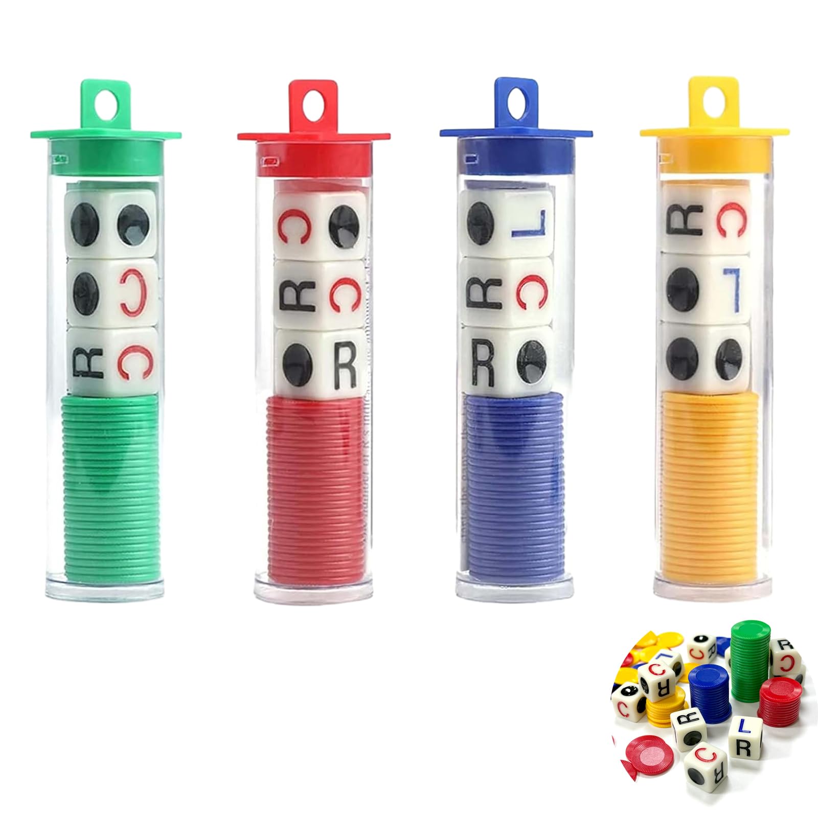 wodehaainiyibeizi 4 Tubes Left Right Centre Dice Games Fun Game Dice Portable Strike Dice Game Four Color Game Dice Interactive Toy for School Family Camping Party Picnic Game Kids