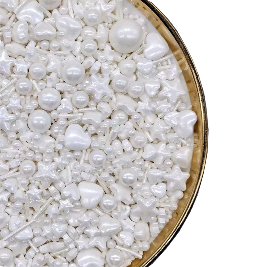 NIPEOR White Sprinkles Star & Heart-Shaped Cake Sprinkles, Edible Sugar Pearls & Candy Pearls 130g/4.6oz, Cookie Sprinkles, Cupcake Toppers, Baking Decoration Supplies for Cake & Dessert Decorating (Mixed White Heart)