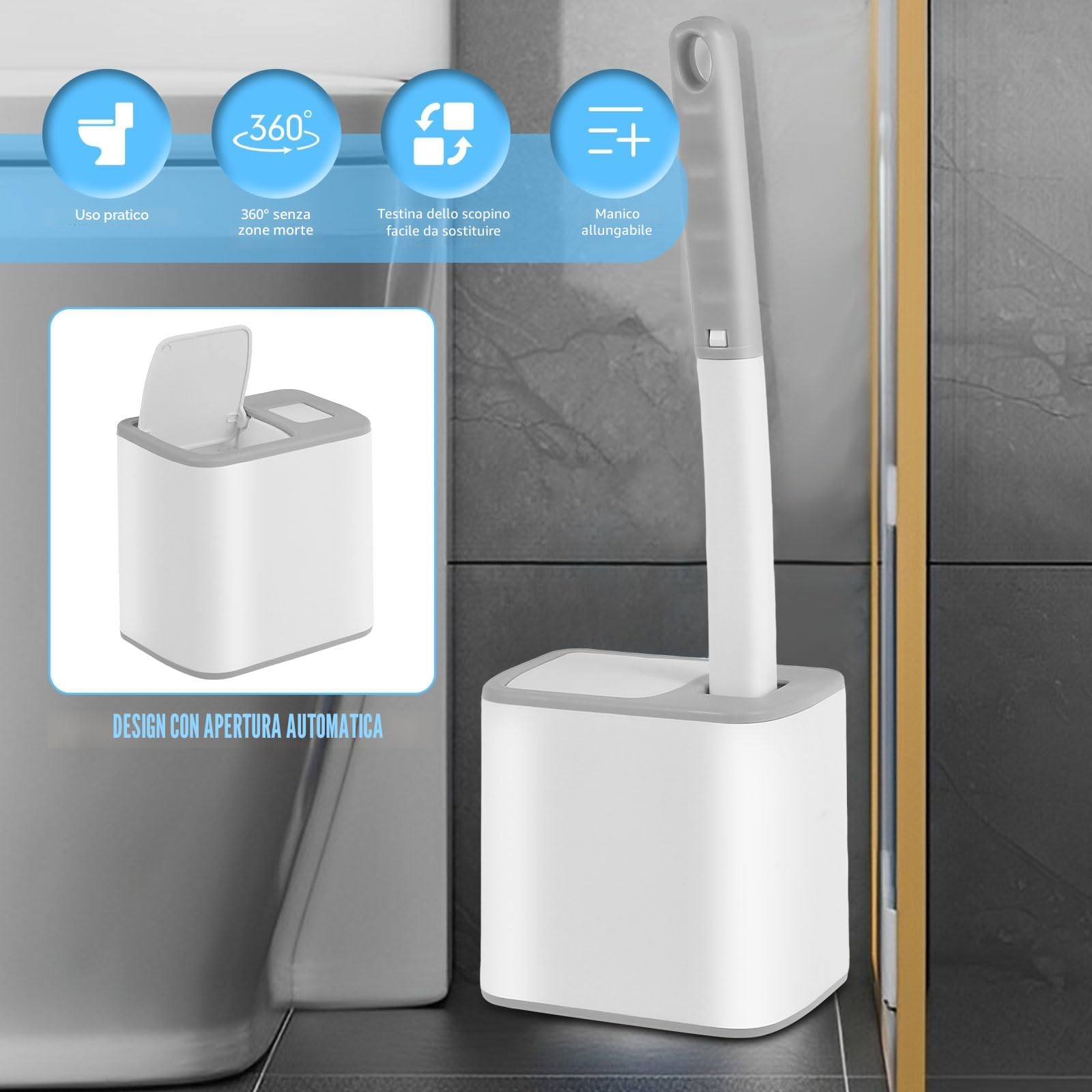 Scopino Bagno Wc usa e getta, set di scopino per WC monouso, scopino per WC con 30 pezzi di detergente di ricarica, set di scopino per WC per bagno, lavandino, vasca da bagno, pavimento (grigio)