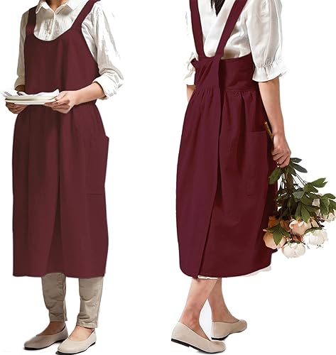 Miniatura 1 de NEWGEM Delantal de lino y algodón con espalda cruzada para mujer, con bolsillos, lindo vestido japonés coreano, color rojo púrpura