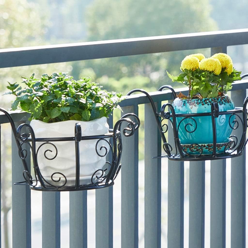 Balcony Flower Stand Decorative Shelf Iron Flower Pot Display Stand Succulent Plant Stand Railing Hanging Flower Stand (Color : Black, Size : 20cm)