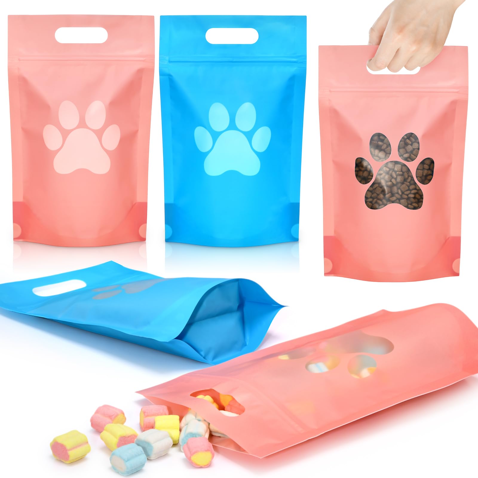 Gersoniel 50 Pcs Paw Dog Treat Bags Gift Bags with Window Resealable Stand up Plastic Zipper Pouches for Canine Delights or Dog Party Supplies, Blue