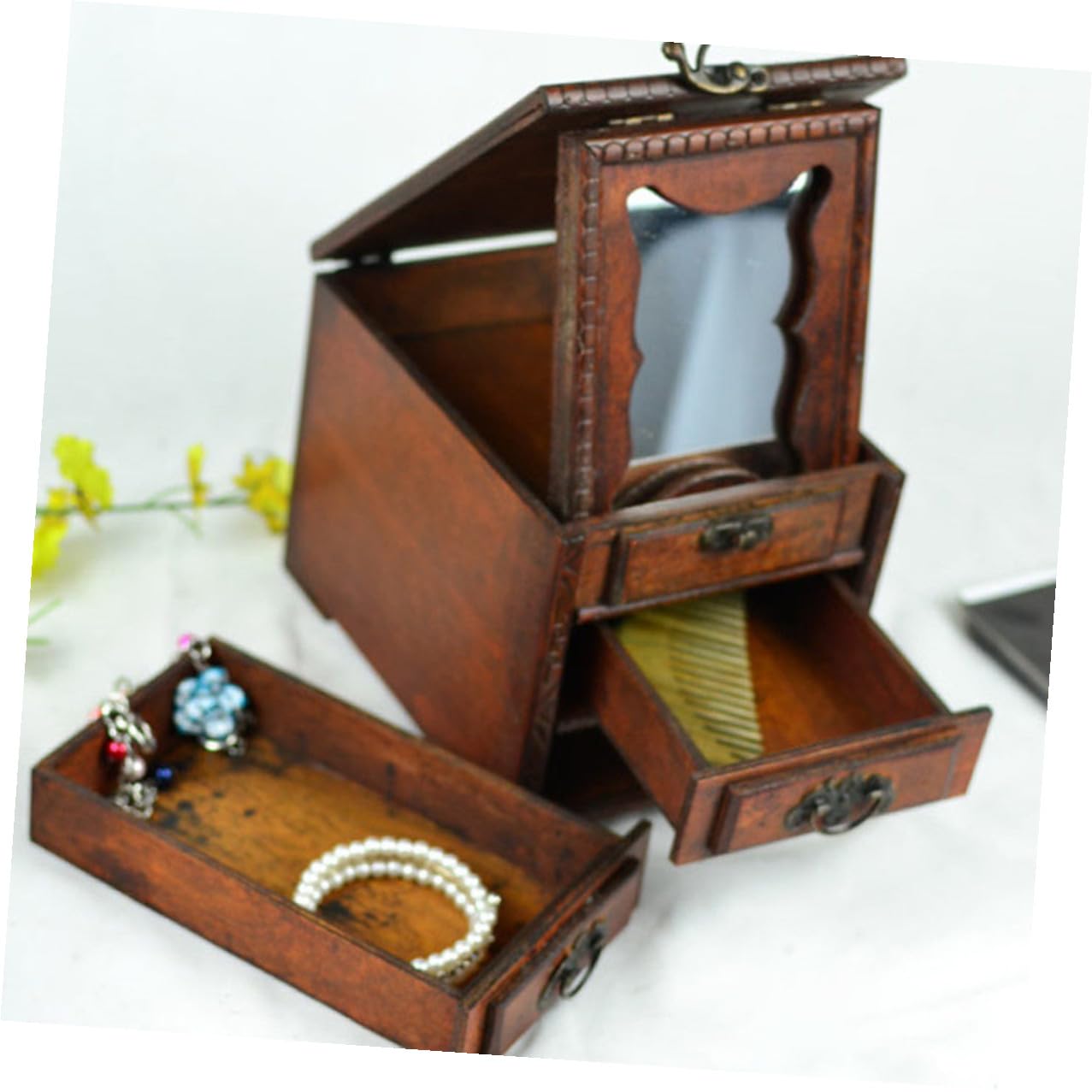 Joyero de Madera Organizador Elegante Estilo Chino Vintage con Espejo, Caja para Pendientes y Collar con Excelente Acabado para Almacenar Joyas en Días Obsequios