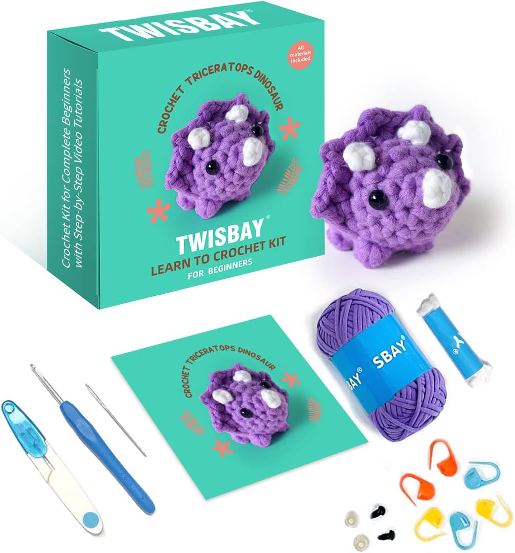 TWISBAYCrochet Kit for Beginners with Crochet Yarn - Triceratops Dinosaur Amigurumi Crochet Kit with Step-by-Step Video Tutorials for Adults and Kids