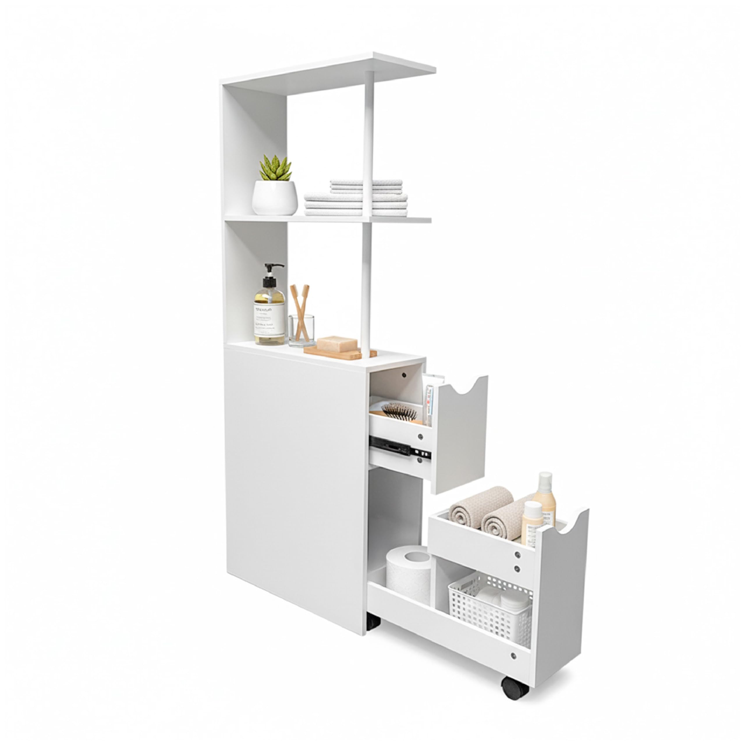 Baroni Home Columna de baño que ahorra espacio, mueble alto con estantes abiertos y cajones, multiusos, columna moderna para baño, cocina y dormitorio, 45 x 15 x 113 cm, 3 estantes y 2 cajones, color