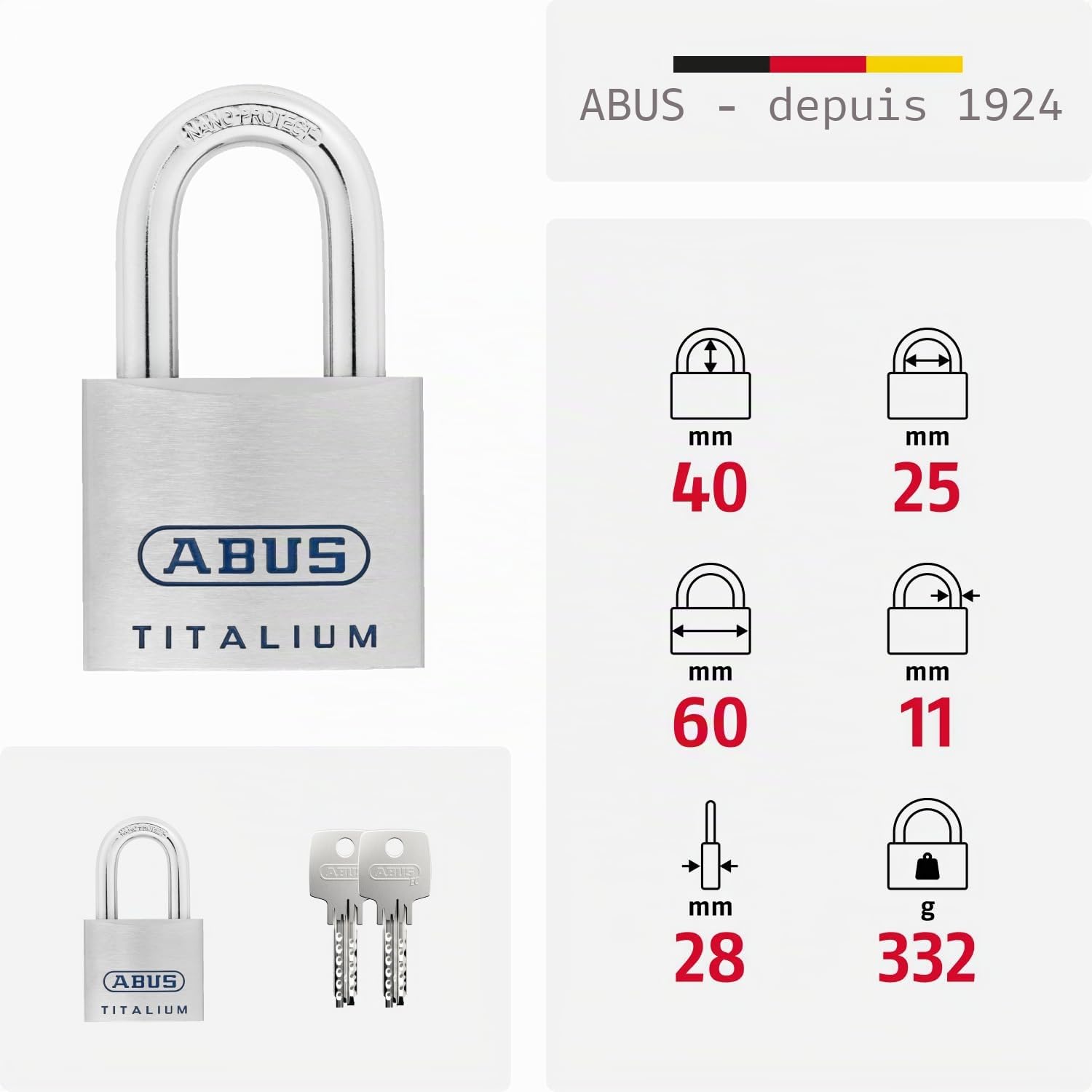 ABUS Cadenas Titalium 96TI/60 en Aluminium - Clé Réversible, Niveau 8