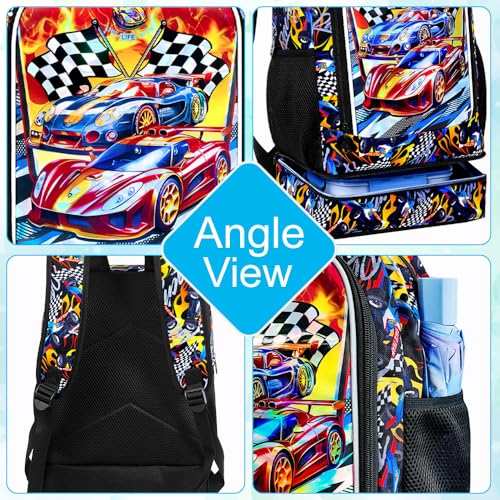 Image of HPJGD 2-in-1 Backpack for Boys, 17 inch Race Car Preschool Bookbag Set with Built-in Lunch Compartment, Kids Water-Resistant School Bag for Elementary - Thrill Racing
