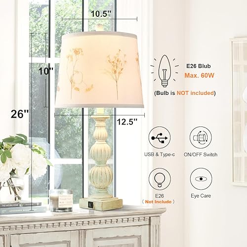 Miniatura 6 de LOKHOM Juego de 2 lámparas de mesa estilo casa de campo de 26 pulgadas, lámpara de mesa retro blanca con USB y USB-C, lámpara de mesa vintage con