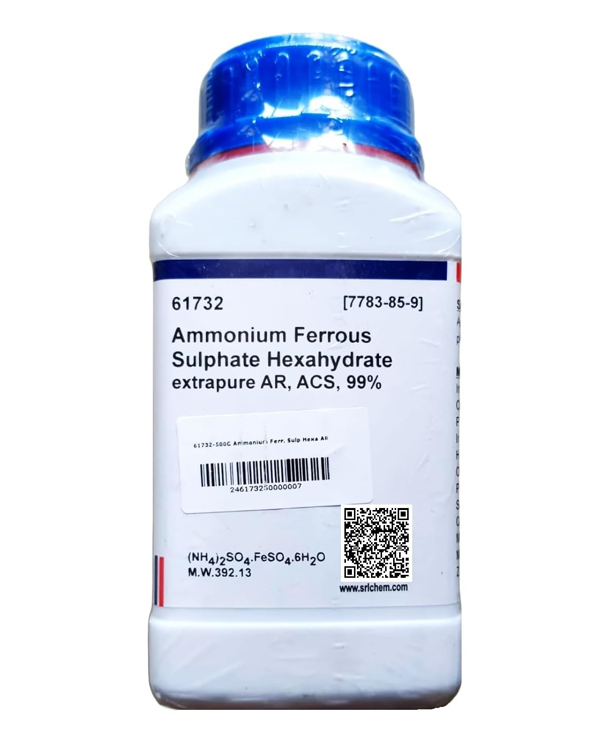 SRL Ammonium Ferrous Sulphate Hexahydrate Extrapure 500Gm AR, ACS Grade 99%, CAS NO 7783-85-9, Molecular Formula : (NH4)2SO4.FeSO4.6H2O,Storage : Room Temperature, Shelf Life : 60 Months
