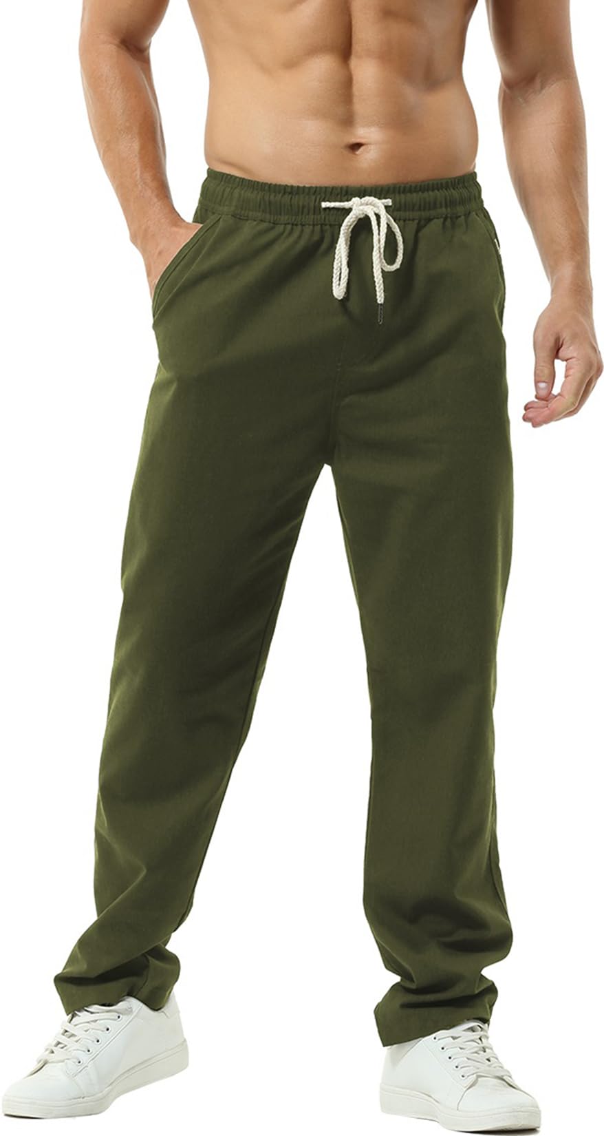 HOEREV Men Casual Strandhosen Leinen Hose- Gr. L (Taille 36-38 zoll), Grün
