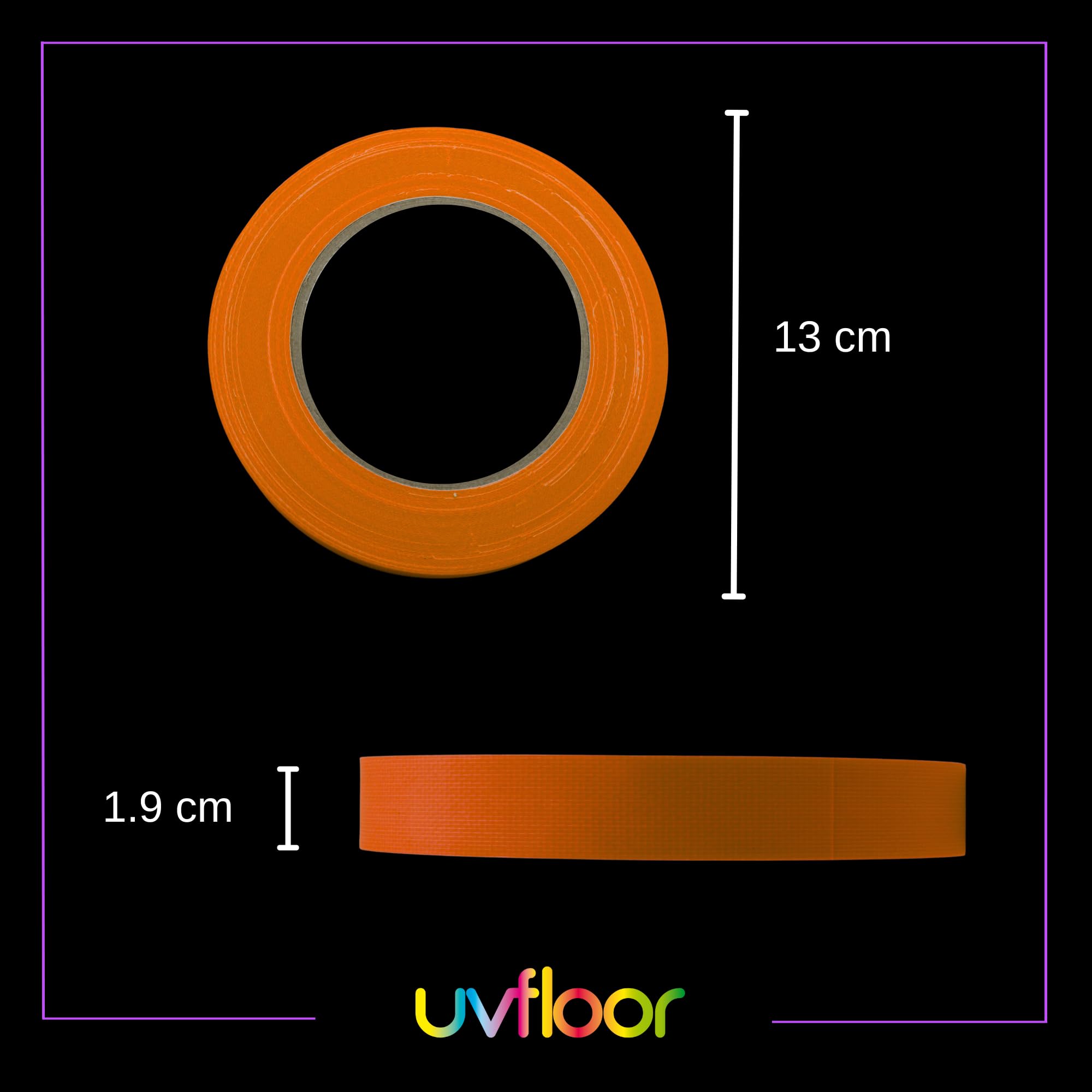 UV FLOOR – Gaffer adesivo arancione fluo, 19 mm x 25 m, Gaffer, qualità premium, accessorio fluorescente, per feste, nastro adesivo decorativo