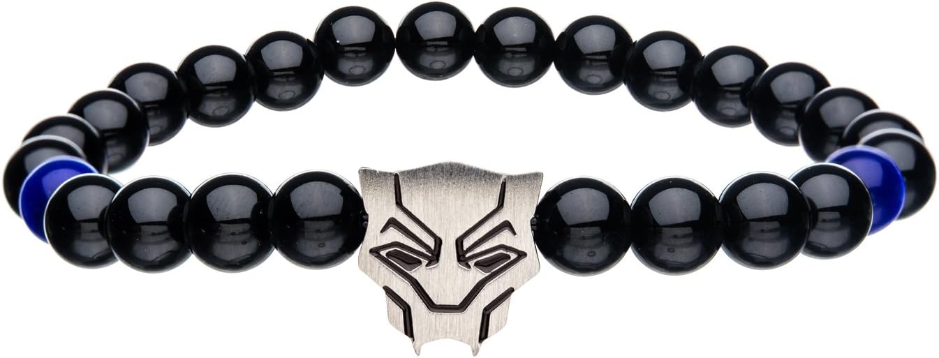 Officially Licensed Black Panther Mask Charm Bracelet - Marvel Comics Artwork with Black Beads