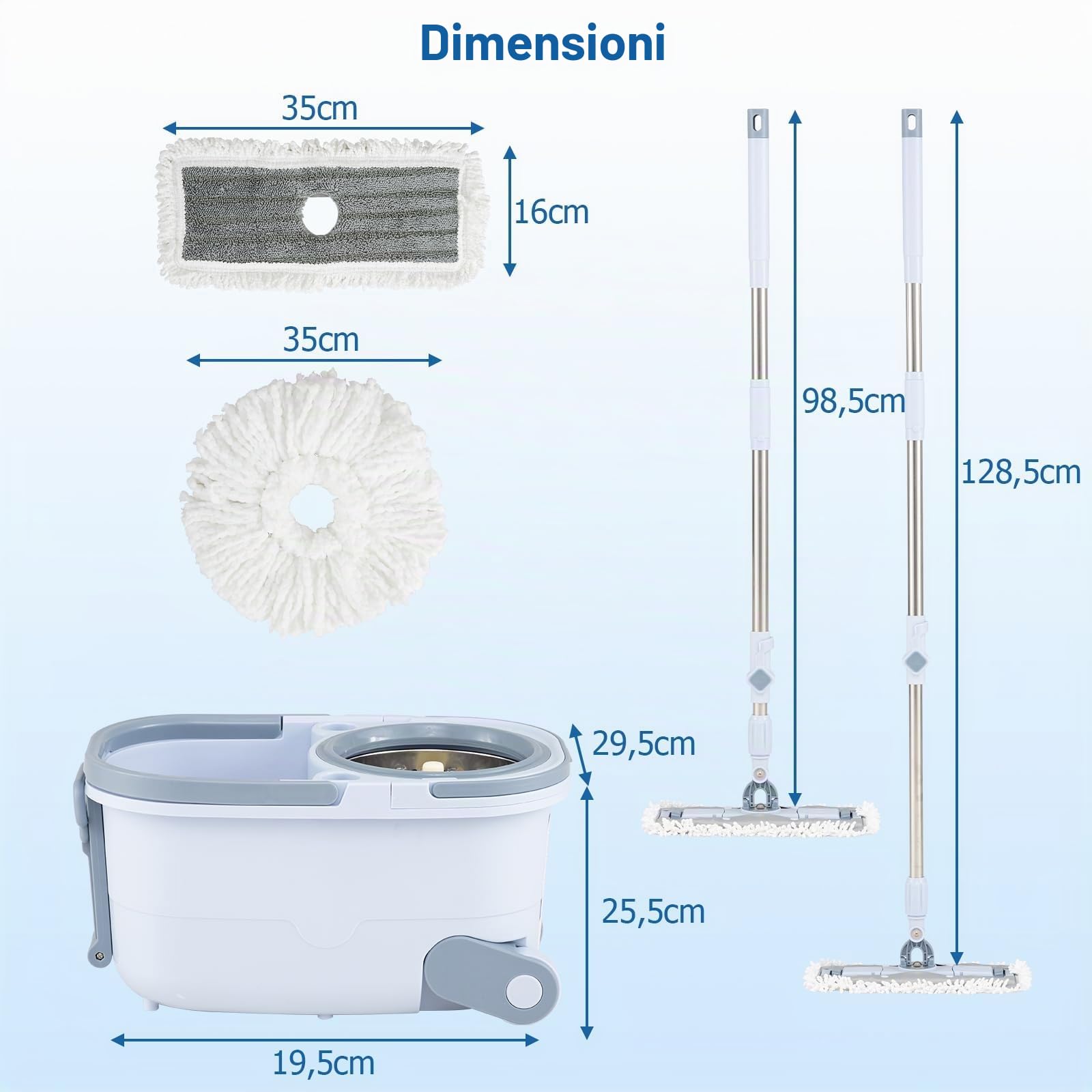 FANTASK Mocio e secchio, mocio e sistema a secchio, con funzione strizzatore, separazione delle acque reflue, testine rettangolari e rotonde a 360°, set completo per pulizia a umido e a secco (blu)