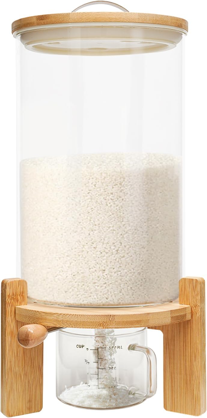 7.5L Cereal Containers Storage, Grain Dispenser Glass Bucket Dry Food Storage Container Rice Dispenser Large Capacity Storage Container w/Round Bamboo Lids & Cup & Stand