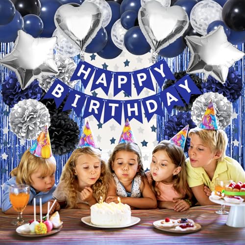 ZERODECO Birthday Party Decorations for Men, Black Navy Blue Silver Happy Birthday Banner Pompoms Balloon Arch Fringe Curtain Party Décor for Men Boys Women Girls Birthday Party Decorations Kit - Thumbnail 6