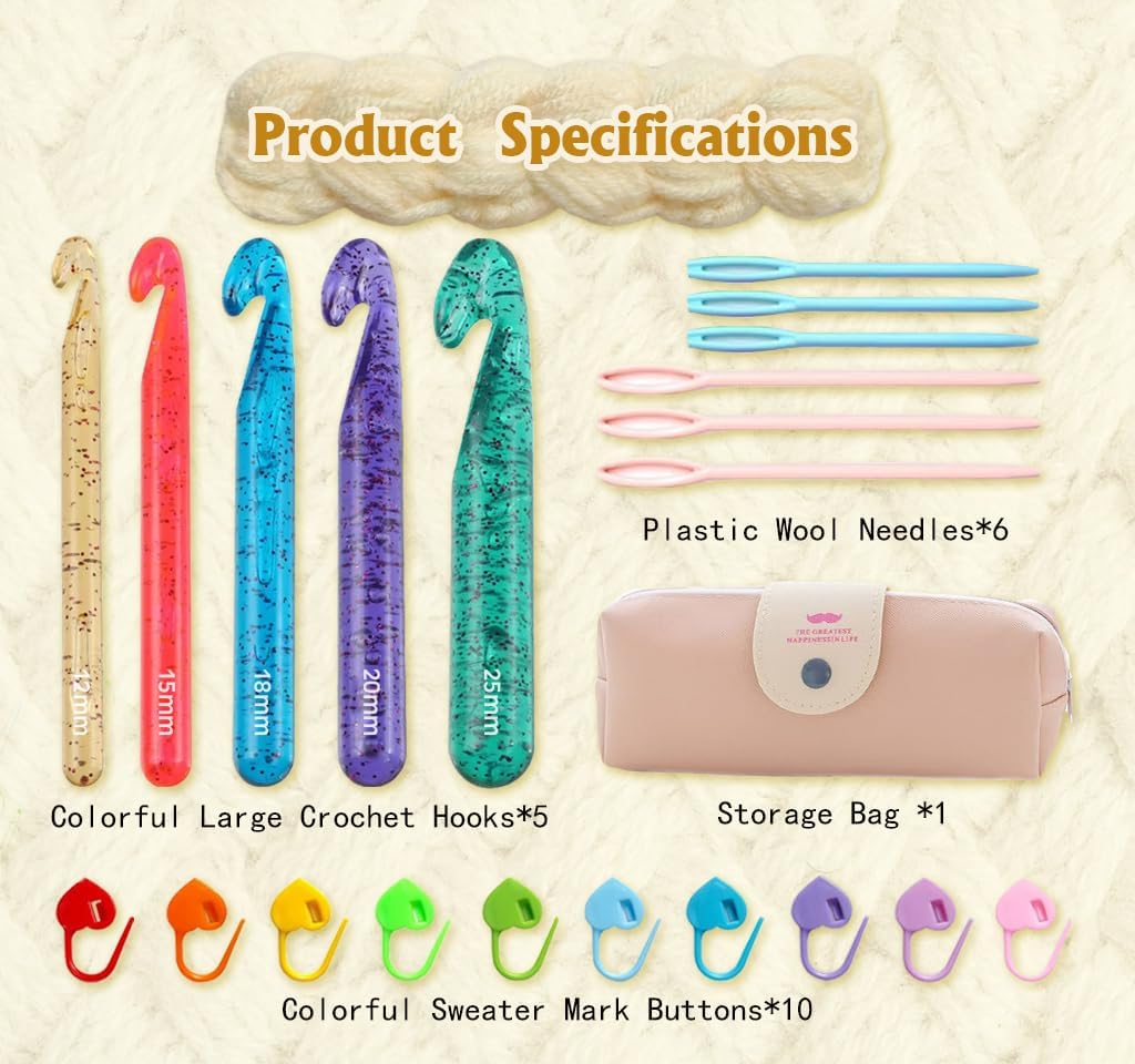 Tovyzalg Colorful Transparent Large Crochet Hooks, Crochet Hook Set with Case, Crochet Needles for Arthritic Hands, Ergonomic Knitting Giant Crochet Hooks for Knitting Yarn Carpet Scarf Wool Roving