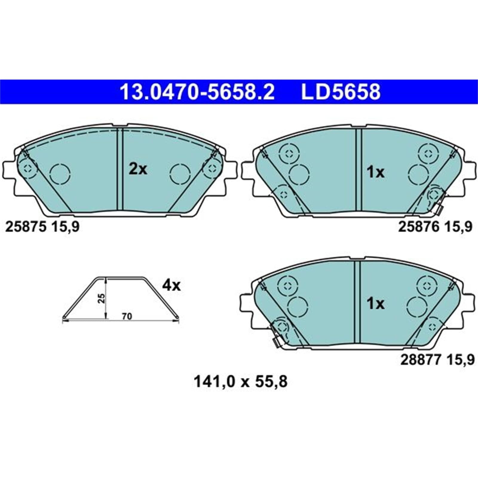 ATE Juego de pastillas de freno Delantero con avisador acústico de desgaste con accesorios 13.0470-5658.2 Juego de pastillas de freno Compatible con MAZDA 3 Hatchback BM, BN CX-3 DK CX-30 DM