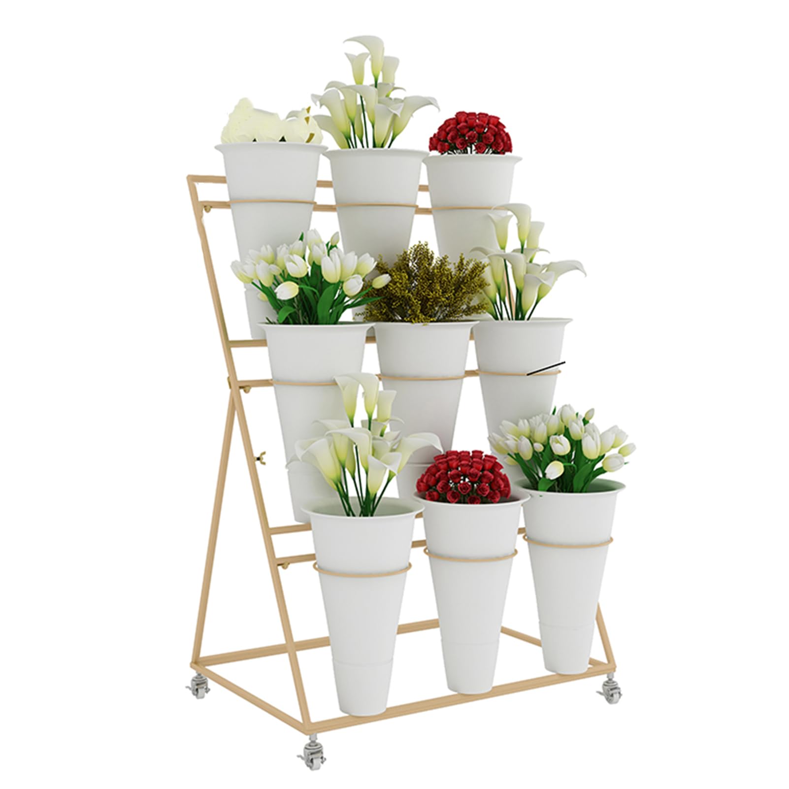 Chariot à plantes mobile robuste en fer forgé avec 12 seaux pour extérieur