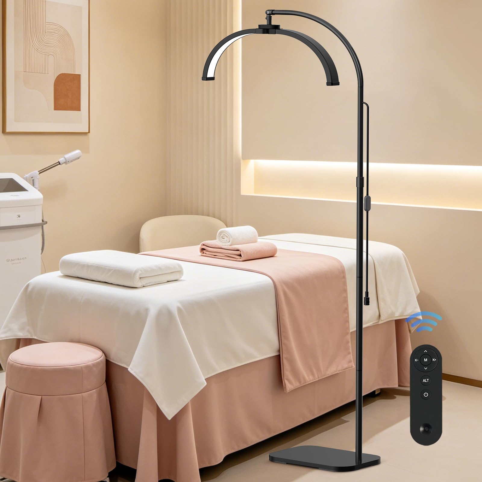 SMOCTAR Half Moon Light for Eyelash Tech, Foldable Floor Lamp for Eyelash Extensions, Dimmable Lash Light with Phone Holder, for Esthetician, Beauty, Tattoo, Nail Tech, Skincare (Black)