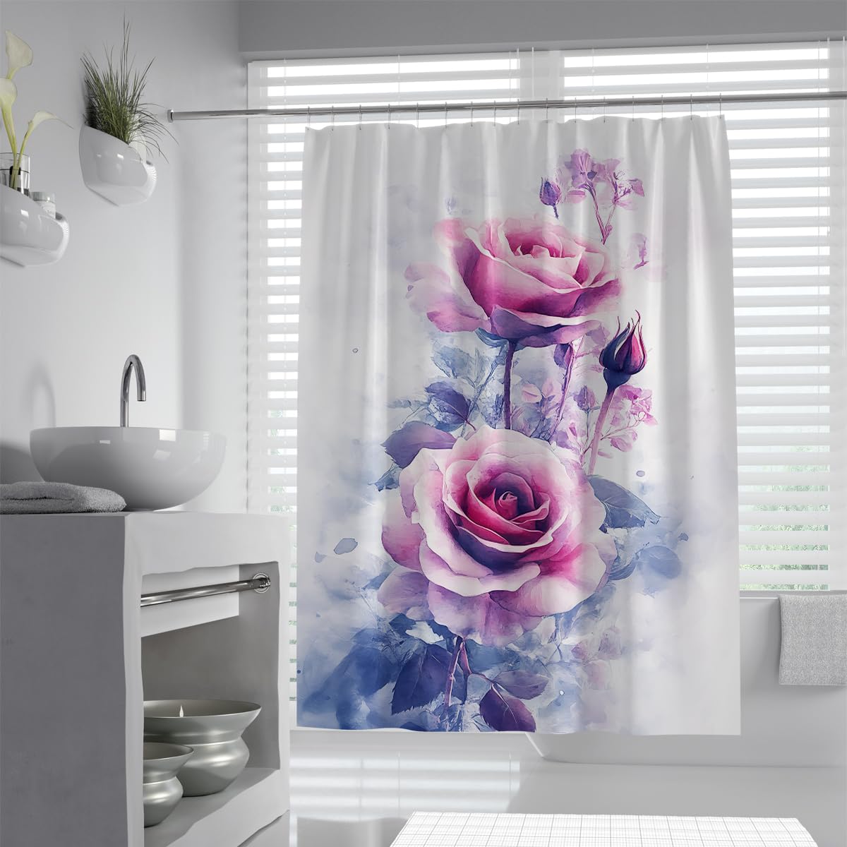 UIRINGART Pink Mauve Rose Shower Curtain W180xL180cm Watercolor Floral Print Waterproof Mildew Resistant Quick Dry Tub Screen with Hooks