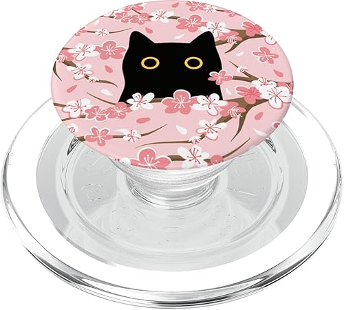 Miniatura 1 de Lindo PopSockets PopSockets MagSafe PopGrip de color rosa con diseño de cerezo japonés y gato negro para iPhone