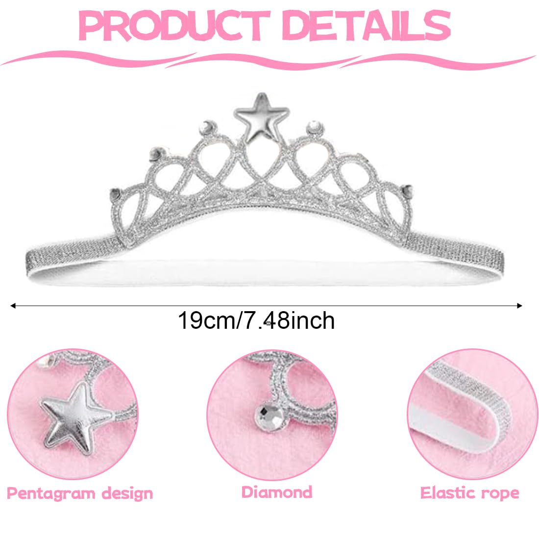3 Pezzi Fascia Capelli Neonata, Corona Principessa Fascia, Corona Fascia Neonato, Accessori per Bambina, Per Compleanni, Feste, Morbido, Cotone, Elastico, Grazioso(Oro, Argento, Rosa)