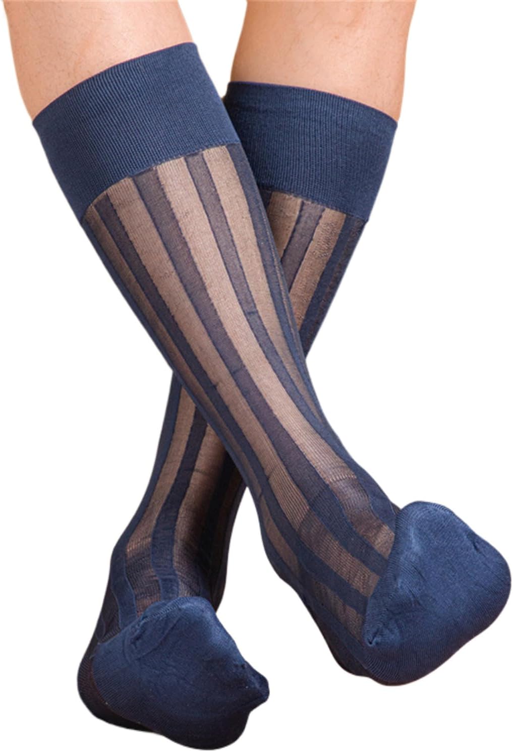 Suit Soft Breathable Nylon Sheer Dress Socks Thin See Through Silk Wide Stripe Calf Socks for Formal Use Middle Calf Tube