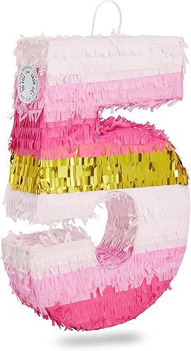 Piñata número 5, papel de aluminio rosa y dorado para decoración de fiesta de cumpleaños de 5 cumpleaños (pequeño, 16.5 x 11.6 x 3 pulgadas)