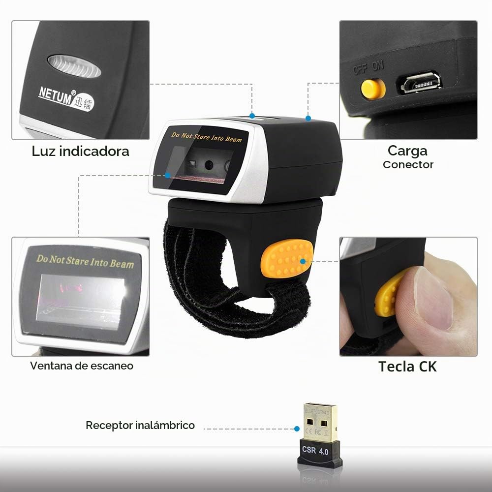 NETUM Bluetooth 2D QR Mini escáner de código de barras para anillo portátil inalámbrico | Escáner de mano inalámbrico lectura precisa y rápida para pantalla de ordenador de pago móvil Android/IOS/IPAD/MAC NT-R2