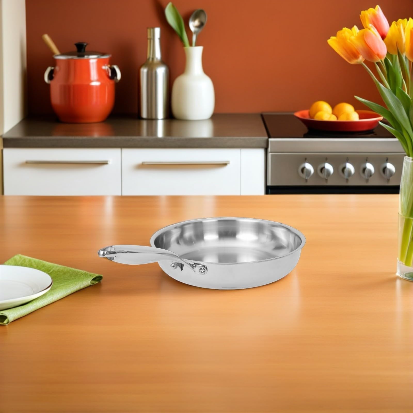 PRETYZOOM Sartén de Acero Inoxidable de 3 Capas de 11 Pulgadas sin Revestimiento con Mango Resistente al Calor para Cocina a Fuego Directo E Inducción, Apta para Lavavajillas y Horno