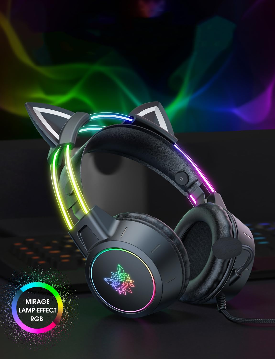ONITOON Lightweight Gaming Headset with Detachable Deer Ear, RGB Lighting, Wired Over Ear Headphones with Mic for PC, PS4, PS5, Switch, Stereo Surround Sound, Self-Adjusting Headband
