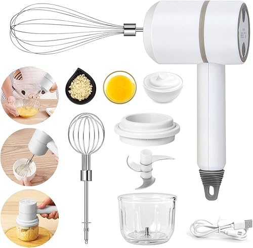 Suteng Batidora de mano eléctrica batidora de huevos recargable 3 en 1 picadora de ajo con recipiente de vidrio de 101fl oz licuadora eléctrica