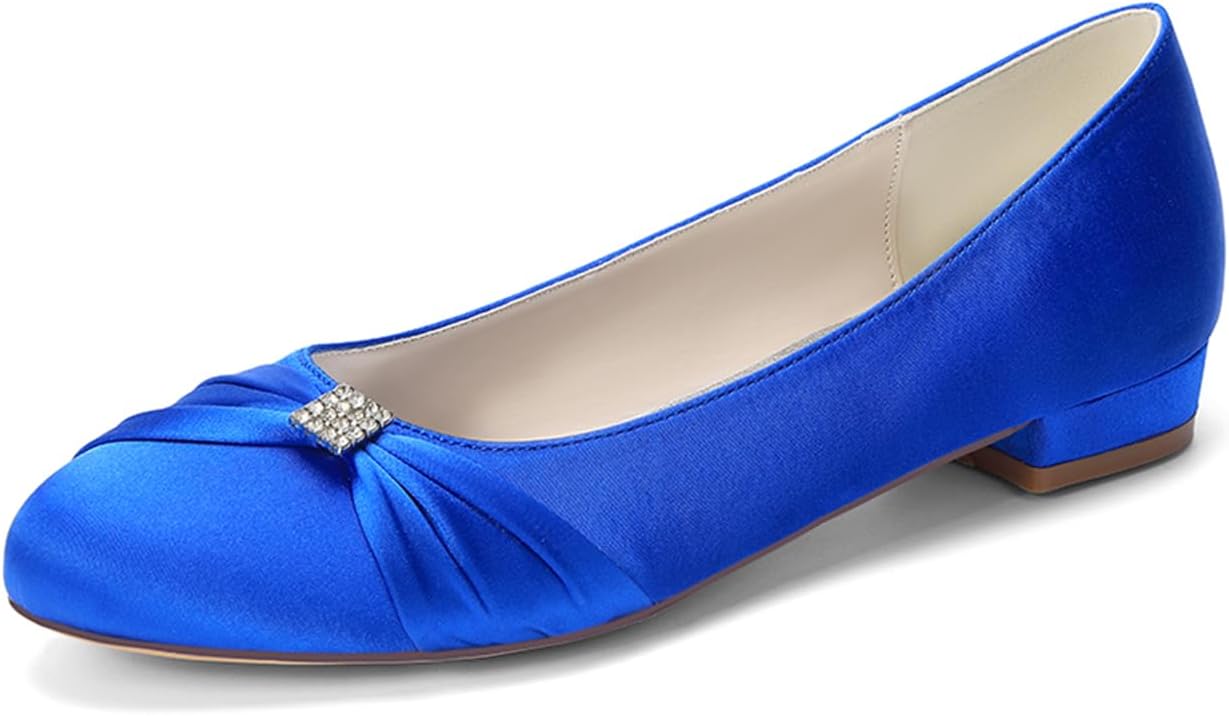 Women's White Satin Wedding Dress Shoes 0.8" Closed Round Toe Bridal Pumps with Rhinestone Comfort Evening Party Flats