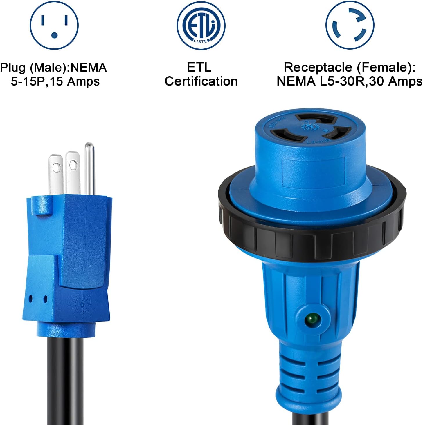 RV Adapter Cord 15 Amp to 30 Amp with Locking Connector for RV Trailer Camper, 5-15P Male to L5-30R Female Twist Lock, Dog-bone Electrical Power Plug with LED Power Indicator, Deep Blue,12 Inch