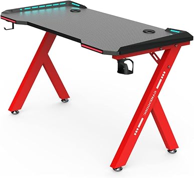 Gaming Desk with LED Light Ergonomic Computer Desk Home Office Computer Desk Gamer Workstation with Cup Holder Headphone Hook 47", Red