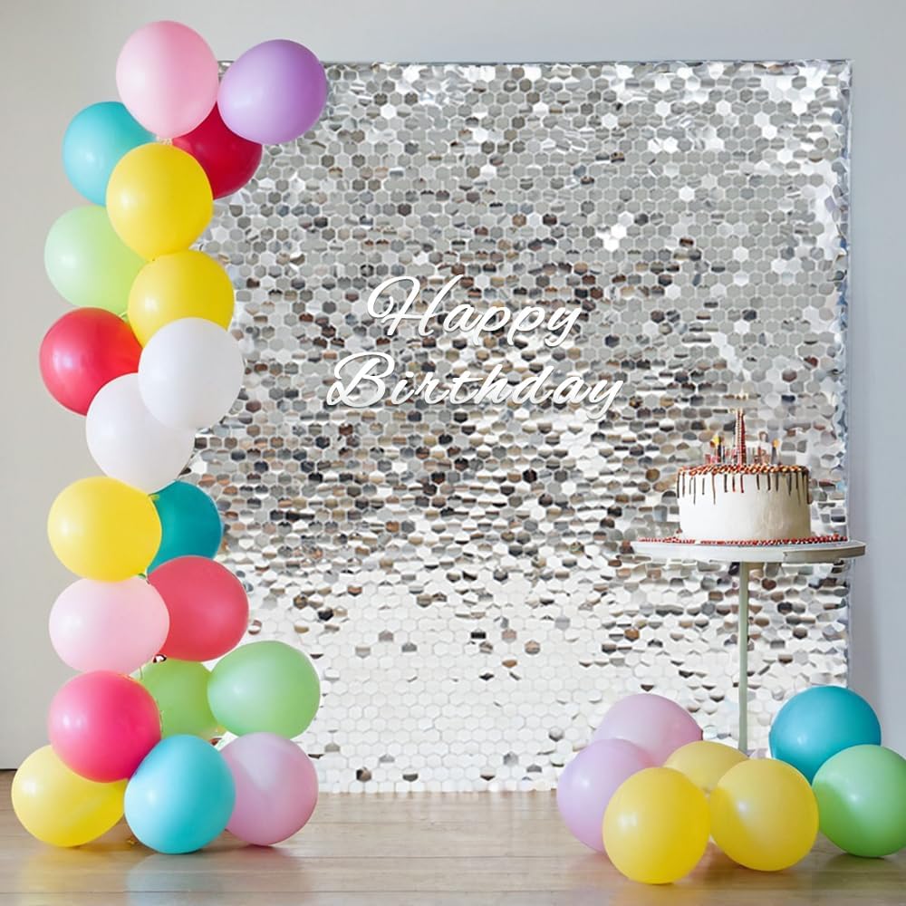 Shimmer Wall Backdrop Hexagon Silver Wall Panels 24Pcs Sequins Shimmer Wall Backdrop Decoration for Birthday Anniversary Wedding Engagement Decoration
