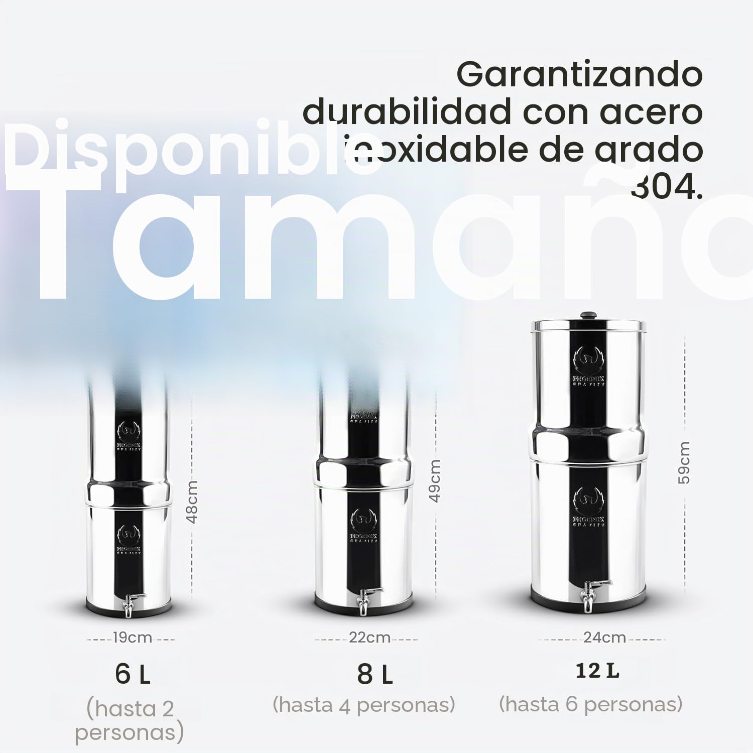 Phoenix Gravity - Sistema de filtro de agua para encimera de acero inoxidable AISI 304 de 12 litros con certificación NSF, 2 cartuchos de carbón (negros) y grifo de acero inoxidable incluido.
